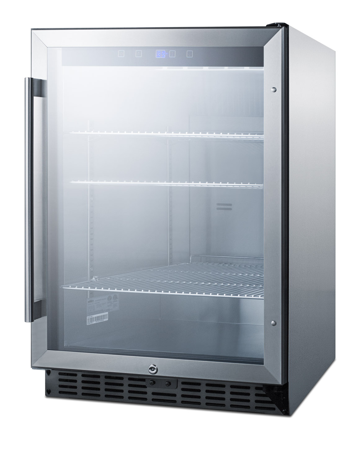 Outdoor built-in undercounter commercial glass door beverage center designed for the display and refrigeration of beverages and sealed food, with stainless steel interior and exterior cabinet
